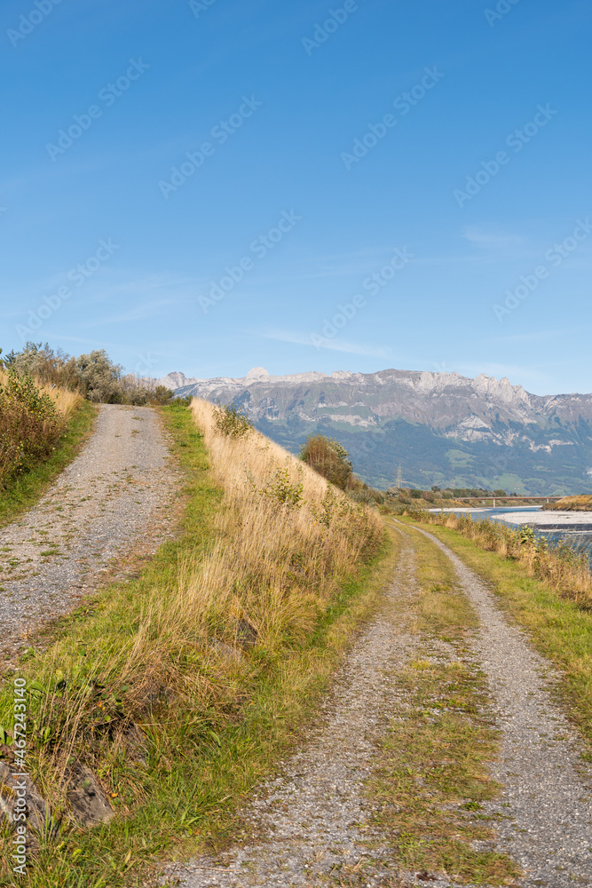 Sevelen, Switzerland, October 11, 2021 At the rhine river in the morning Sevelen, Switzerland, October 11, 2021 At the rhine river in the morning