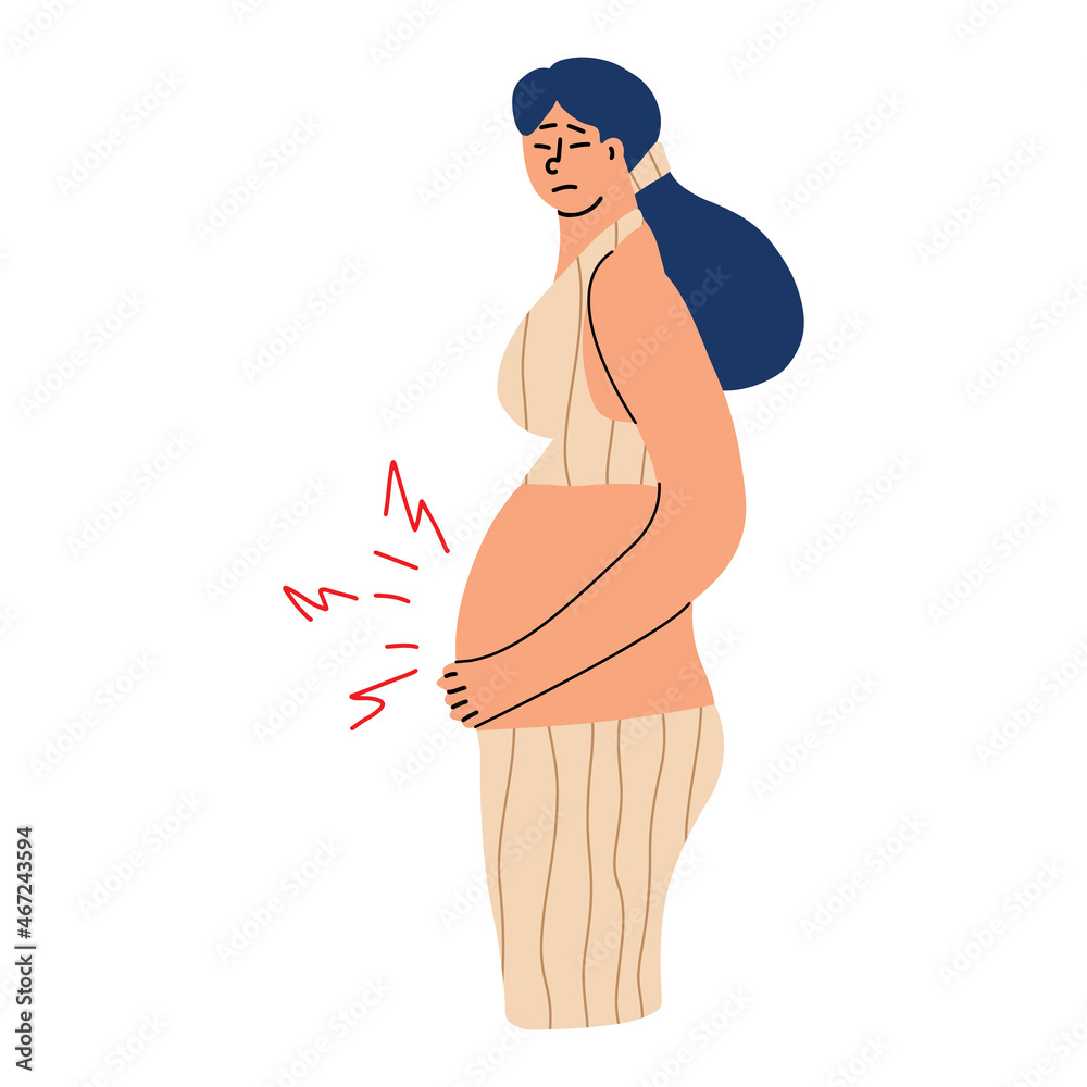The onset of contractions in a pregnant woman. The risk of miscarriage in late pregnancy. Vector hand drawn illustration