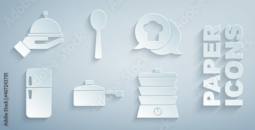 Set Frying pan, Chef hat speech bubble, Refrigerator, Slow cooker, Spoon and Covered with tray icon. Vector