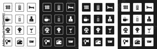 Set Hotel room bed, Suitcase, Coffee cup, Heating radiator, Concierge, building, Martini glass and Five stars rating review icon. Vector