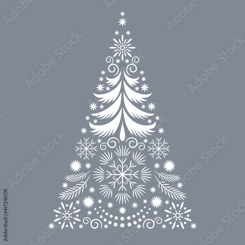 Christmas card. Stylized christmas tree with snowflakes