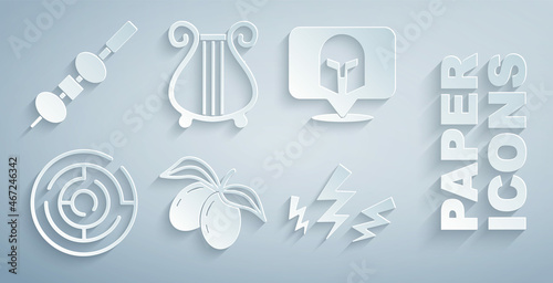 Set Olives branch, Greek helmet, Minotaur labyrinth, Zeus, Ancient lyre and and cheese on chopstick icon. Vector