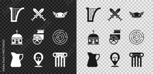 Set Harp, Crossed medieval sword, Helmet with wings, Bottle of olive oil, Greek helmet, Ancient column, Santorini building and chariot icon. Vector