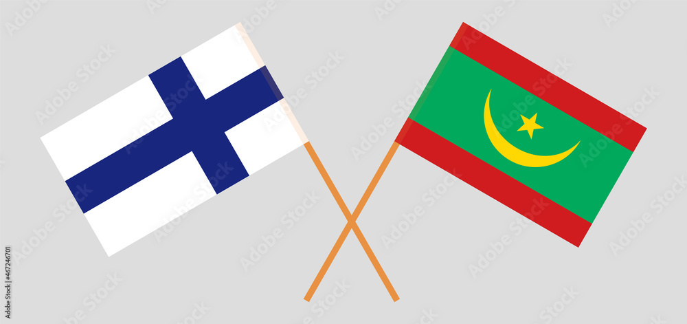 Crossed flags of Finland and Mauritania. Official colors. Correct proportion