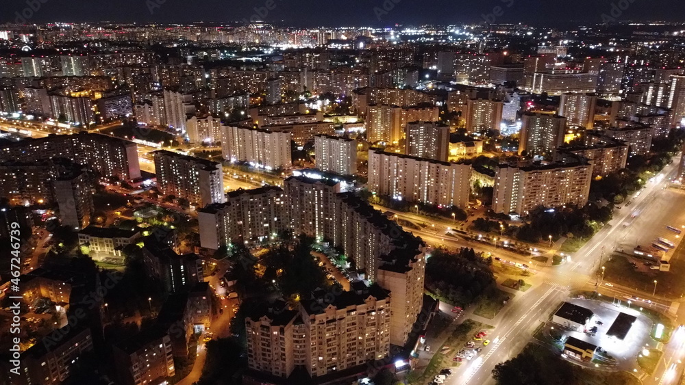 Moscow, Volgograd ave at night from sky (quadocopter view)