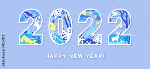 Happy New Year 2022 numbers design. Laser cut template with deer, fox, winter landscape, squirrel, snowflakes, stars. Cover for diary. Vector illustration.