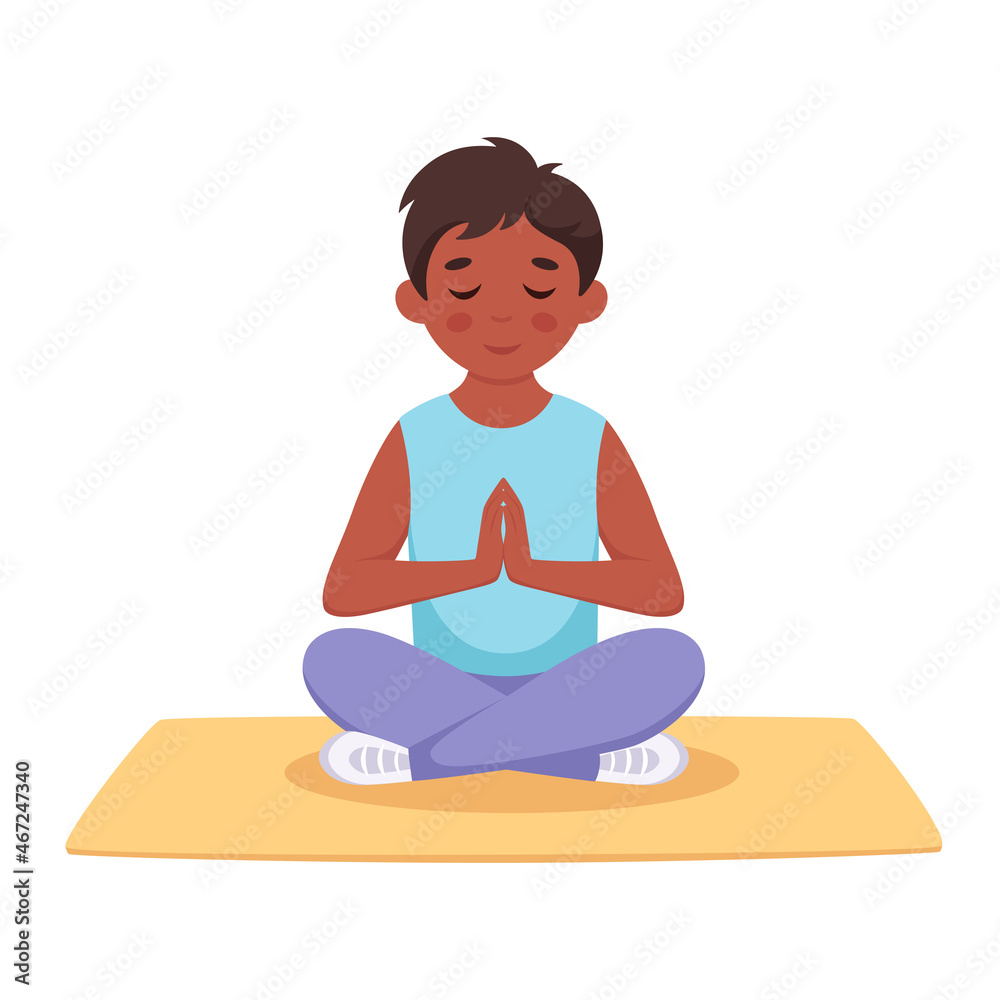 Boy meditating in lotus pose. Gymnastic, yoga and meditation for children. Vector illustration Boy meditating in lotus pose. Gymnastic, yoga and meditation for children. Vector illustration