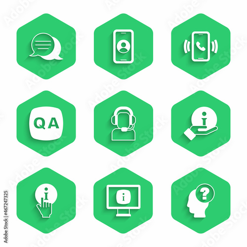 Set Man with a headset, Monitor information, Head question mark, Information, Question and Answer, Telephone 24 hours support and Speech bubble chat icon. Vector