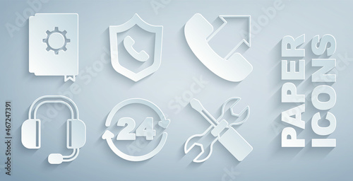 Set Telephone 24 hours support, Headphones, Screwdriver and wrench spanner, and User manual icon. Vector