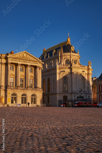 The Beautiful Facade of Chateau de Versailles (Palace of Versailles) with Golden Details near Paris, France. Magnificent Royal palace added to UNESCO list of World Heritage Sites