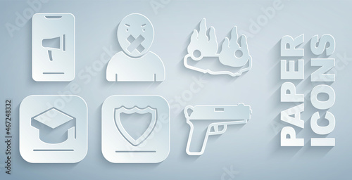 Set Shield, Burning car, Graduation cap, Pistol or gun, Censor and freedom of speech and Protest icon. Vector photo