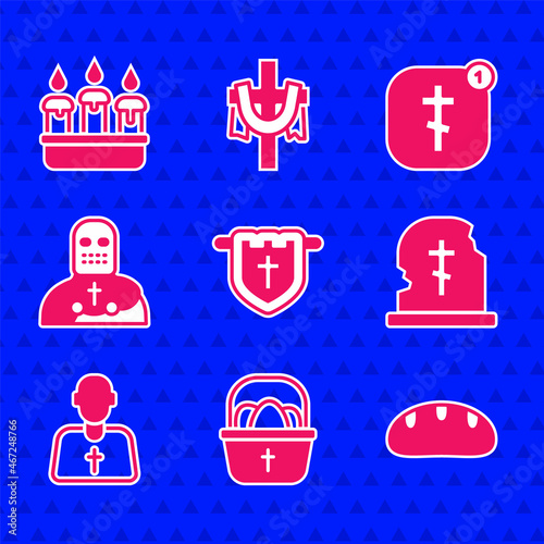 Set Flag with christian cross, Basket easter eggs, Bread loaf, Grave tombstone, Priest, Knight crusader, Online church pastor preaching and Burning candle candlestick icon. Vector