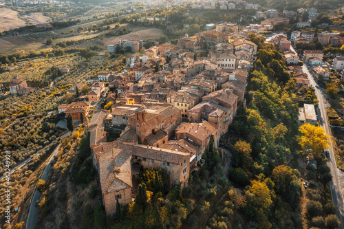 Skyline of the aerial view of famous spring water term town Chianciano Terme, Italy photo