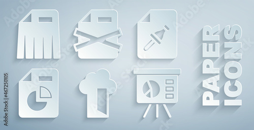 Set Cloud database, Note paper with push button, Document graph chart, Board, Delete file document and Paper shredder icon. Vector