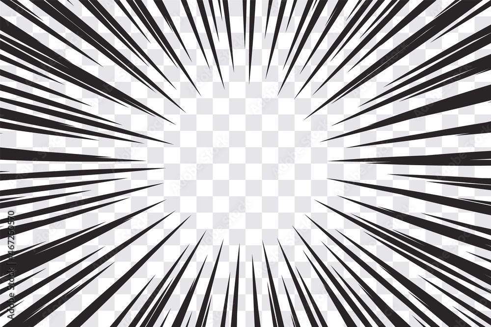 Obraz premium Manga action frame speed simple lines Motion radial lines isolated on transparent background Abstract explosive template banner Black and white monochrome vector retro illustration Comic book element