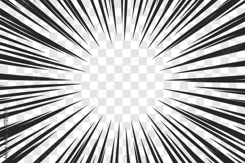 Manga action frame speed simple lines Motion radial lines isolated on transparent background Abstract explosive template banner Black and white monochrome vector retro illustration Comic book element