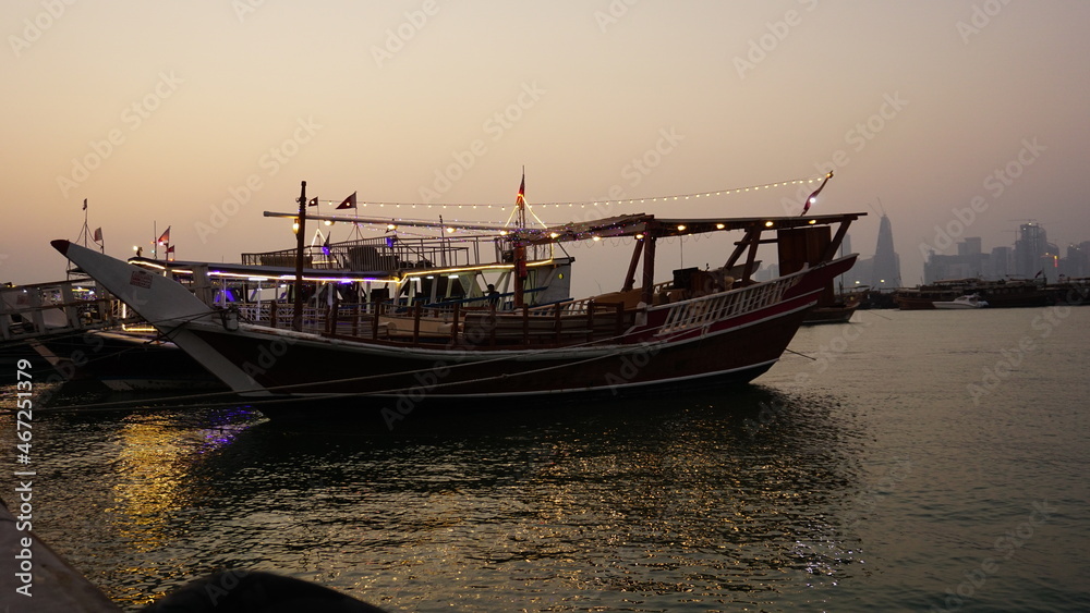 Boats with lights by Corniche, Qatar