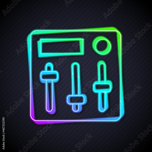 Glowing neon line Sound mixer controller icon isolated on black background. Dj equipment slider buttons. Mixing console. Vector