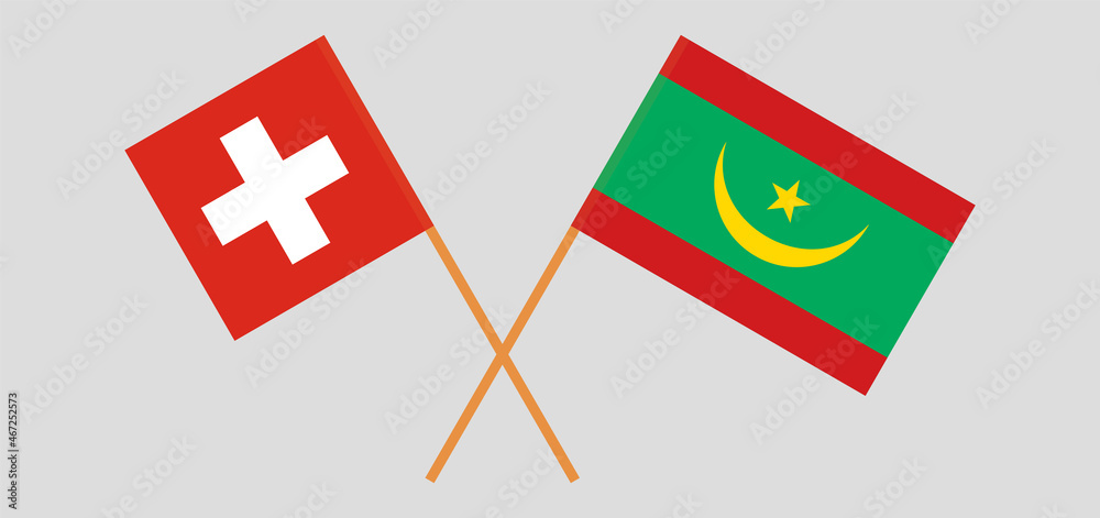 Crossed flags of Switzerland and Mauritania. Official colors. Correct proportion