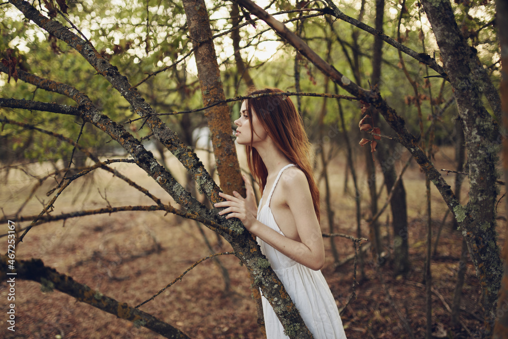 red-haired Woman in a white dress in the forest trees fallen leaves red-haired Woman in a white dress in the forest trees fallen leaves