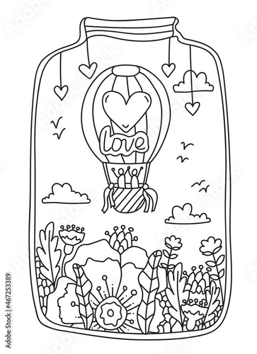 Valentines Day Doodle coloring book page. Glass jar with a Couple in Love flying in a hot air balloon over flowers. Vector Lines art design anti-stress for adults and kids. Hand drawn Love Cards.