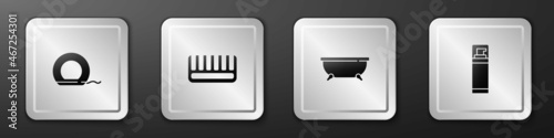 Set Dental floss, Hairbrush, Bathtub and Shaving gel foam icon. Silver square button. Vector