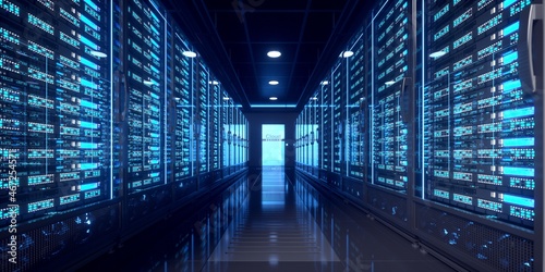 High capacity data center in operation. Multiple racks. Realistic 3D render.