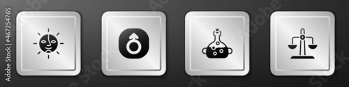 Set Sun, Mars, Poison in bottle and Libra zodiac icon. Silver square button. Vector