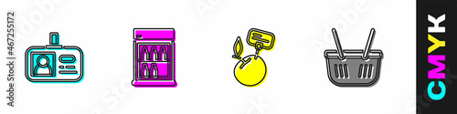 Set Identification badge, Commercial refrigerator, Supermarket food products with price label and Shopping basket icon. Vector