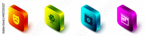 Set Isometric Drama theatrical mask, Retro cinema camera, Online play video and Histogram graph photography icon. Vector