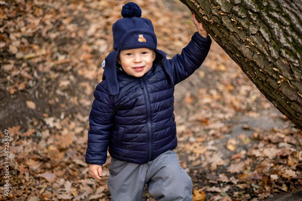 A small, smiling boy stands in the autumn forest on yellow leaves. A small, smiling boy stands in the autumn forest on yellow leaves.