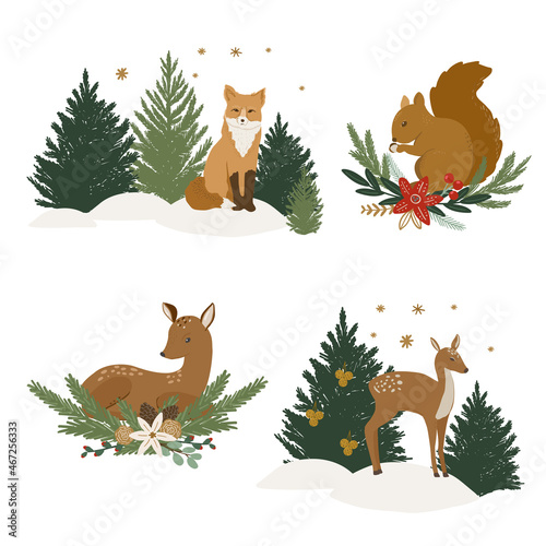 White Christmas winter scenes and landscapes vector illustrations for poster, card, banner design. Pre made winter holidays scene