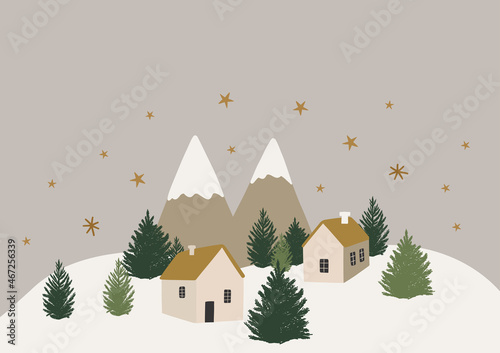 Winter landscape scene with cute small houses the forest, mountains, stars, christmas holy night vector whimsical illustration