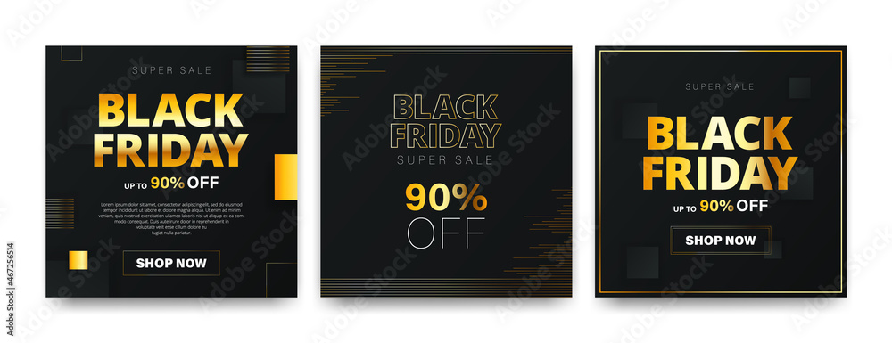 Set of banners for Black Friday in modern geometric style. Gold and black squares on a dark background. Lettering about a thematic sale, discounts, promotions. Social media post templates.
