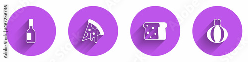 Set Tabasco sauce, Slice of pizza, Bread toast and Onion icon with long shadow. Vector