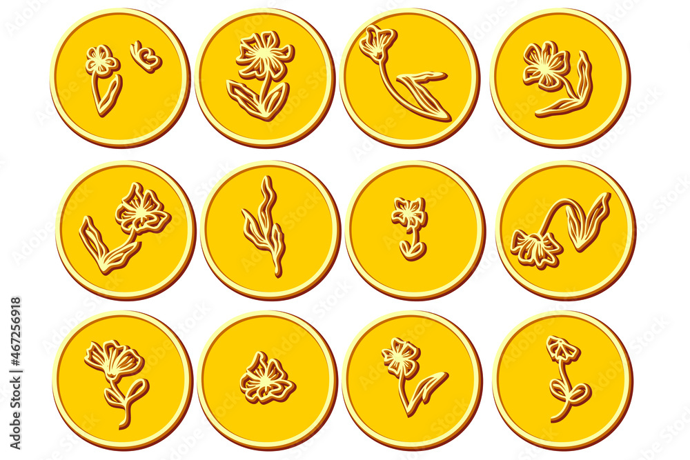 Golden coins doodle collection with flowers and leaves. Logo design for floral shop, eco product. Hand drawn vector illustration for decor and design.
Golden coins doodle collection with flowers and leaves. Logo design for floral shop, eco product. Hand drawn vector illustration for decor and design.