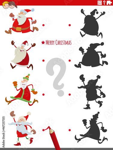 educational shadow task with cartoon Santa Claus characters