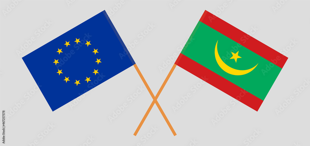 Crossed flags of the EU and Mauritania. Official colors. Correct proportion Crossed flags of the EU and Mauritania. Official colors. Correct proportion