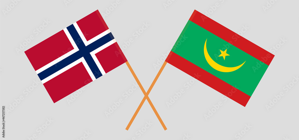 Crossed flags of Norway and Mauritania. Official colors. Correct proportion