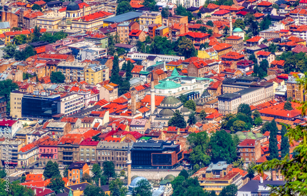 Aerial view over city of Sarajevo during summer day.