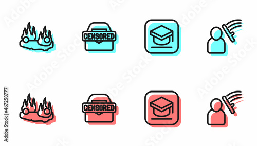 Set line Graduation cap, Burning car, Censored stamp and Police beat human icon. Vector