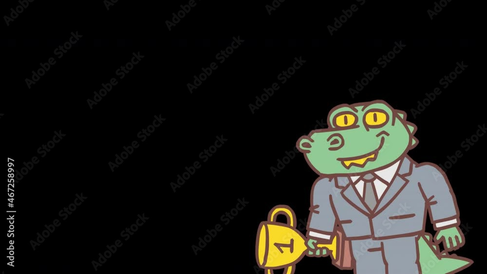 Alligator appears on screen holding gold cup and smiles. Frame by frame animation. Alpha channel. Looped animation Alligator appears on screen holding gold cup and smiles. Frame by frame animation. Alpha channel. Looped animation