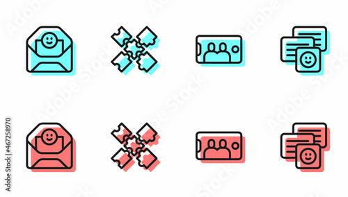 Set line Selfie on mobile, Envelope with Valentine heart, Puzzle pieces toy and Chat messages laptop icon. Vector