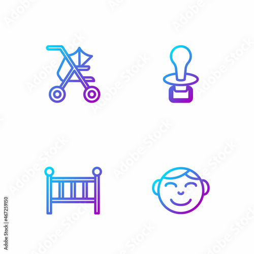 Set line Little boy head, Baby crib cradle bed, stroller and dummy pacifier. Gradient color icons. Vector