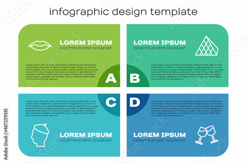 Set line French man, Smiling lips, Wine glass and Louvre pyramid. Business infographic template. Vector