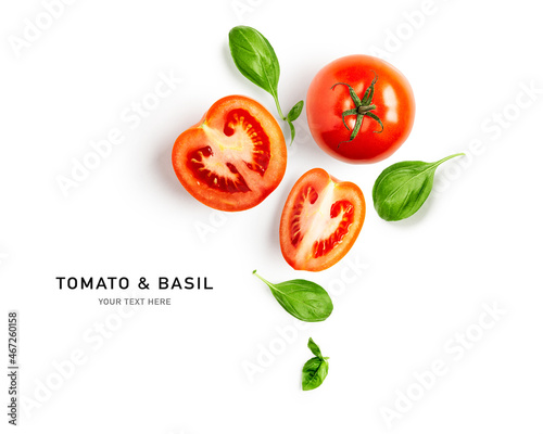 Tomato and basil leaves creative layout.