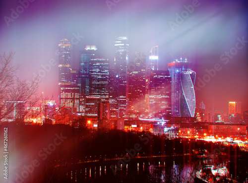 Neon retrowave Moscow city at night backdrop