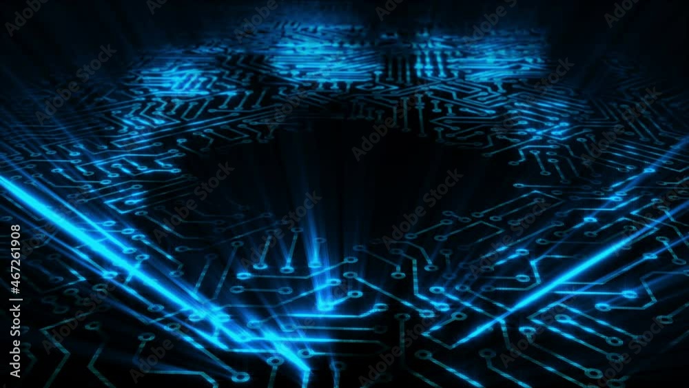 Electrical impulse travels through the circuits of the microcircuit. Background based on an energy wave in a computer circuit board. Looped

