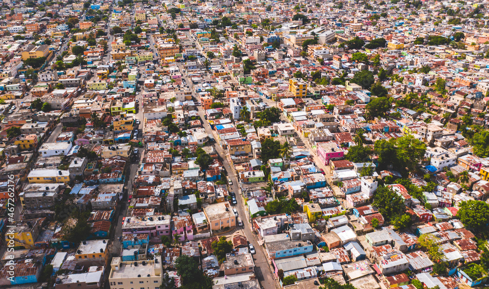 Slums. Poor district. View from the drone. Dominican Republic. Caribbean