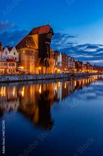 Gdansk, Poland, medieval crane (Zuraw) on Motlawa river historical waterfront, former seaport